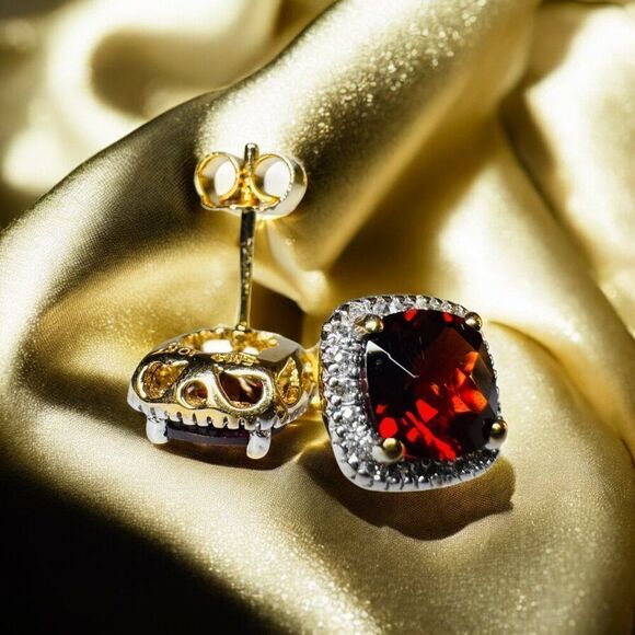 10K Gold- Natural Indian Garnet & Halo Diamond Earrings -Cushion Cut- 8.5mm-1.9g - Picture 3 of 16